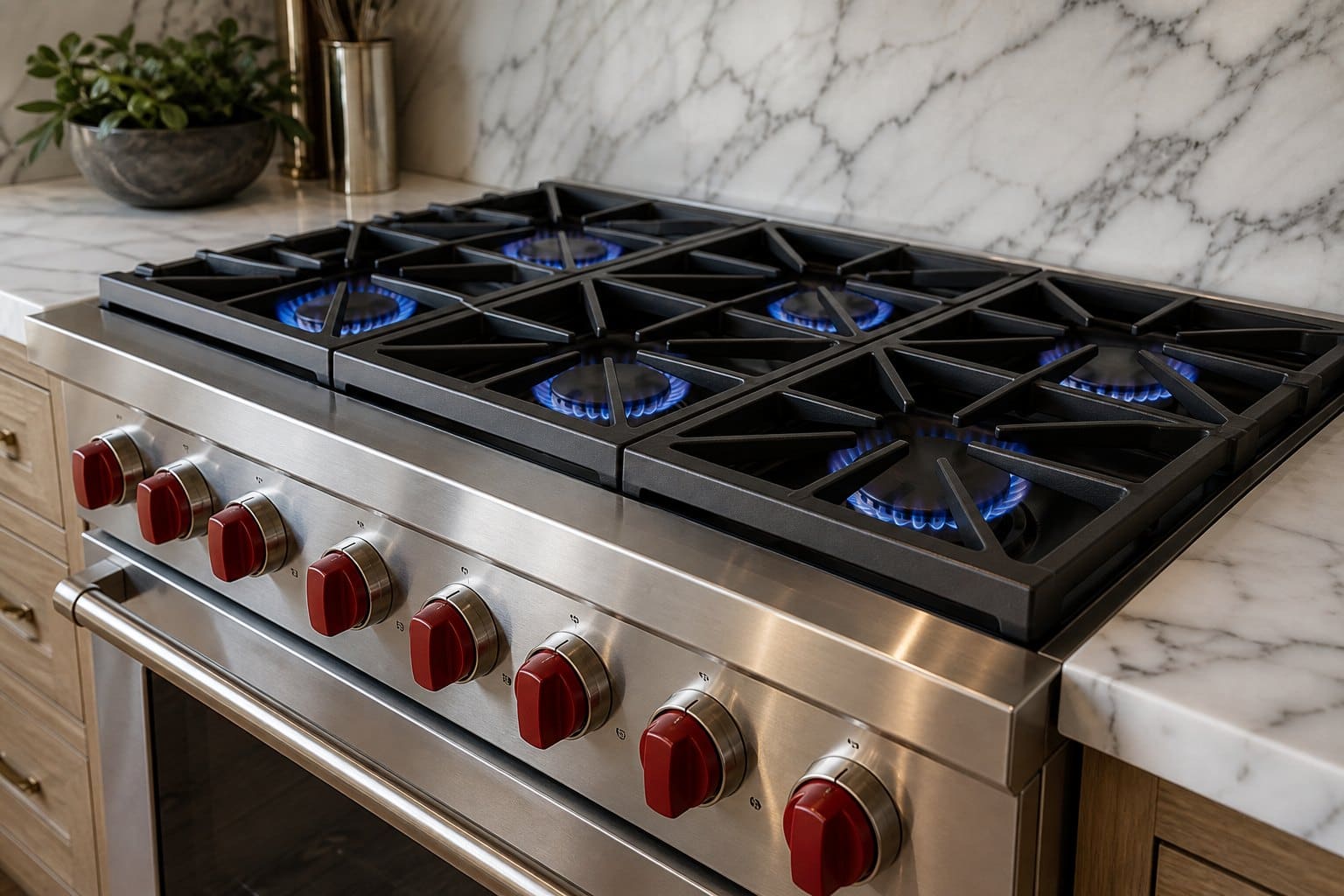 Stainless Wolf range in a neutral Fremont kitchen
