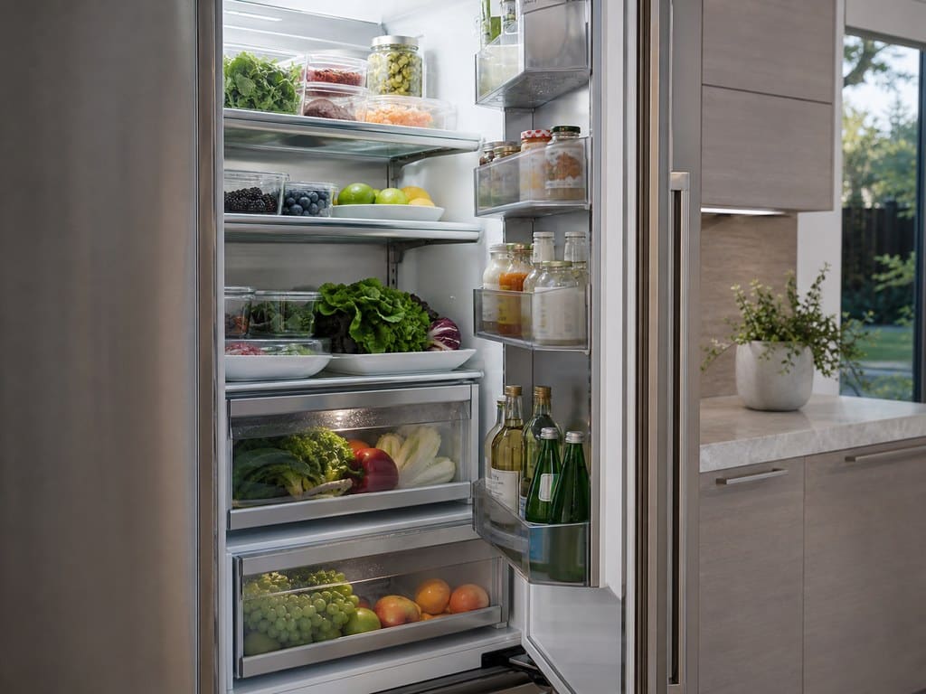 Open stainless built-in Sub-Zero refrigerator column being serviced in a Fremont kitchen