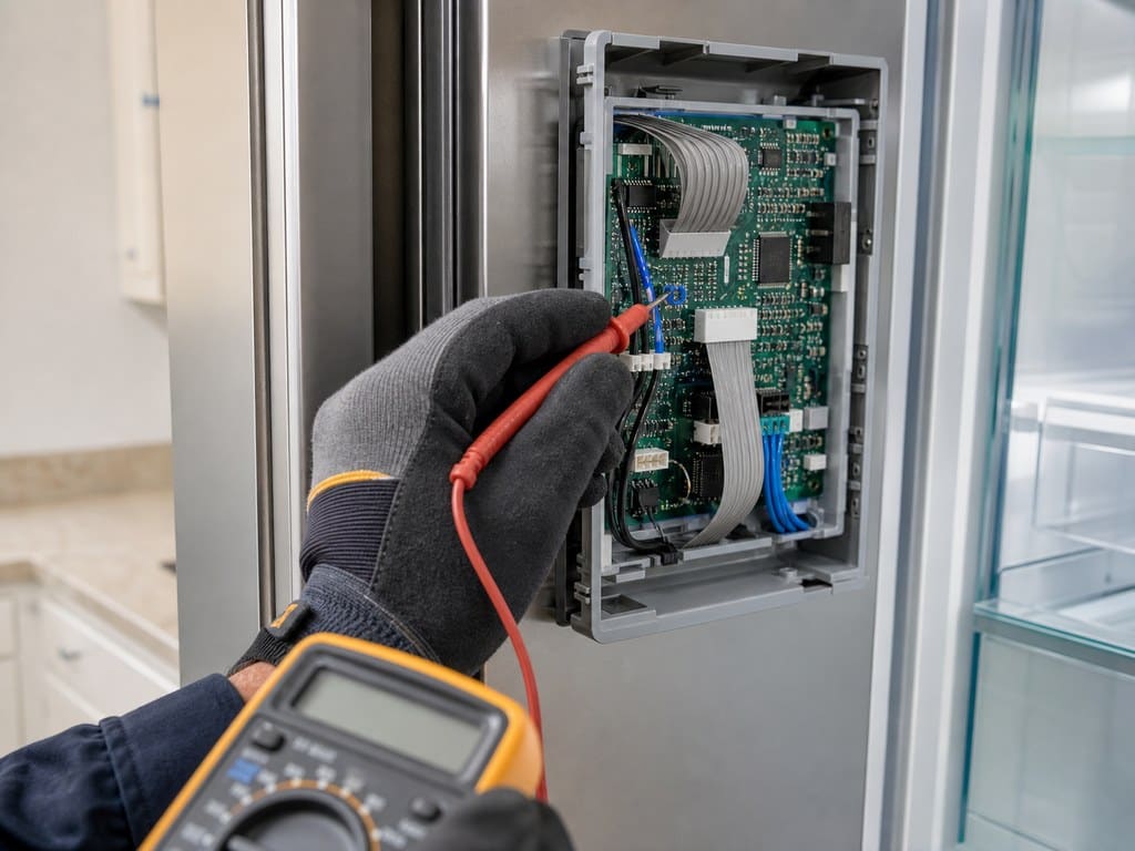 Technician probing a Sub-Zero control board with a multimeter during diagnostics