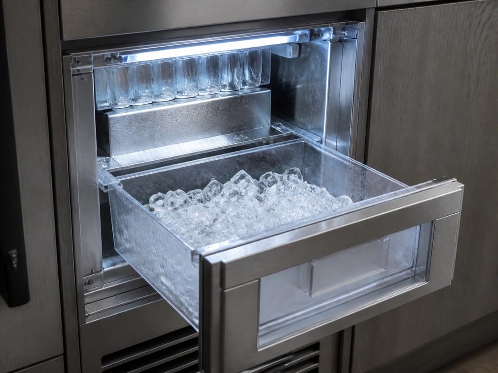 Sub-Zero clear-ice maker bin full of cubes in a Fremont kitchen