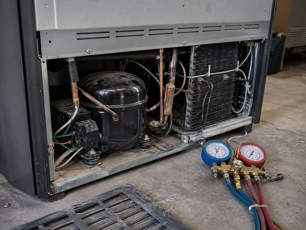 Compressor, condenser coils and copper sealed-system tubing inside a built-in refrigerator