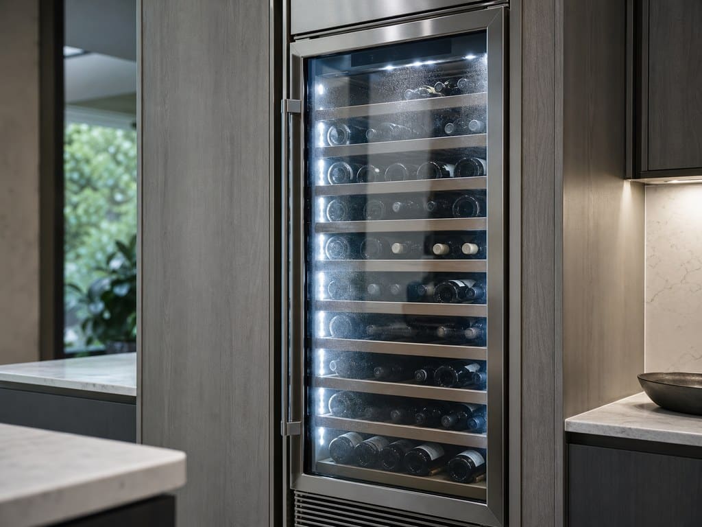 Built-in Sub-Zero wine storage column stocked with bottles in a Fremont home